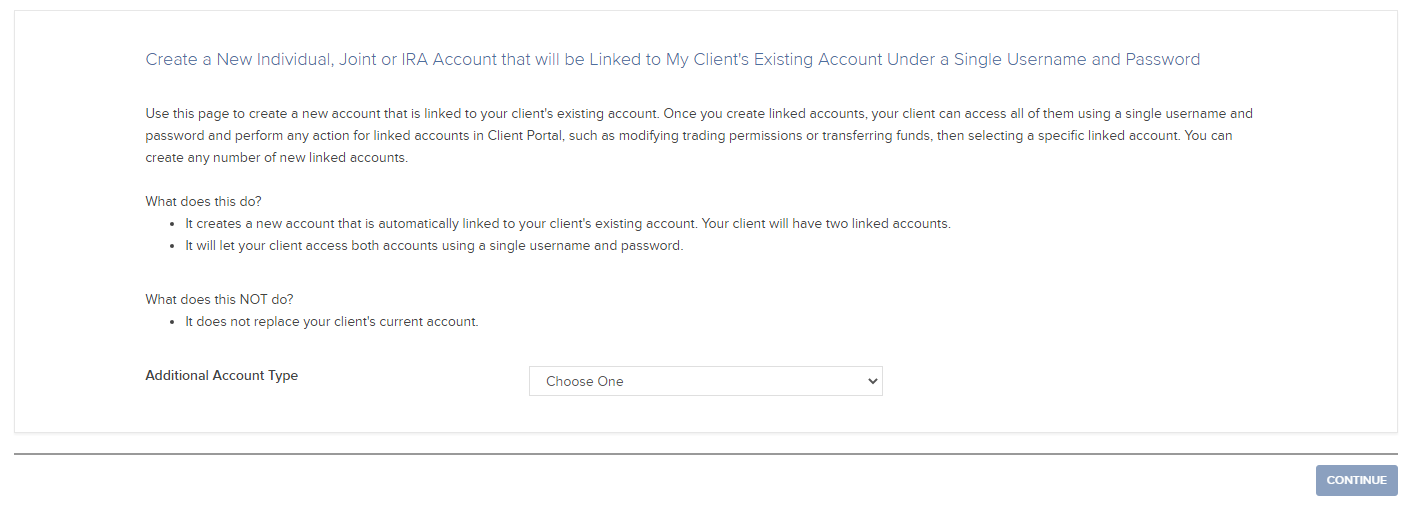 Image of the create additional client account type panel in portal. 